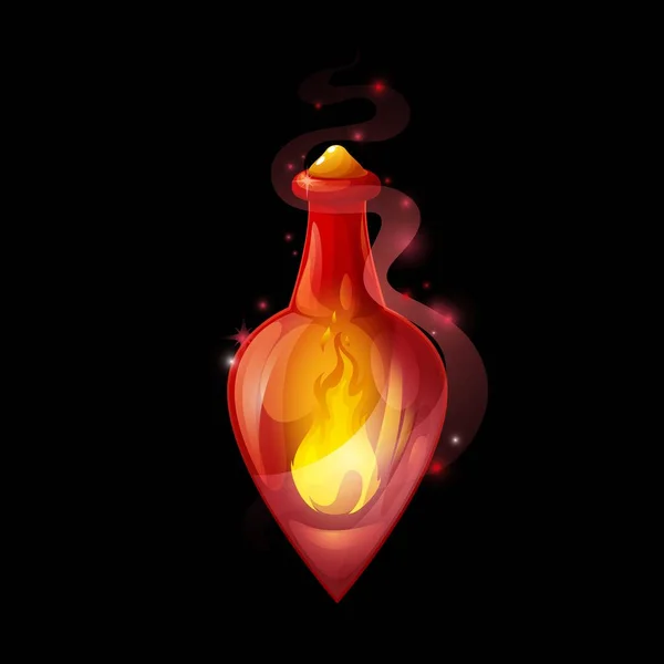 水晶药瓶与火 矢量玻璃瓶与橙色的火焰和火花 神奇的长生不老药和火药桶 魔法游戏 孤立炼金术物品的卡通设计元素 — 图库矢量图片