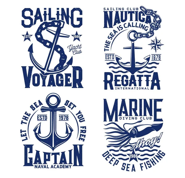 Anchor Nautical Sailing Shirt Prints Sea Waves Yacht Club Ocean — Stock Vector