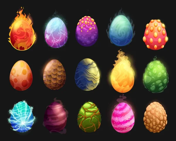 Cartoon Dinosaur Eggs Vector Set Dragon Eggs Colorful Textured Shell — Vettoriale Stock