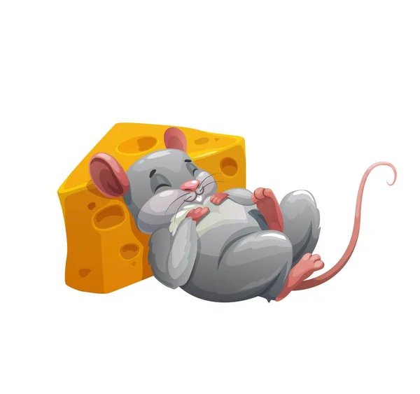 チーズの漫画のキャラクターにマウスの睡眠 大きな目や穴を持つスイスチーズの黄色のくさびに対してベクトルラット動物の傾き かわいい小さな灰色のマウスを食べた後に休息 — ストックベクタ