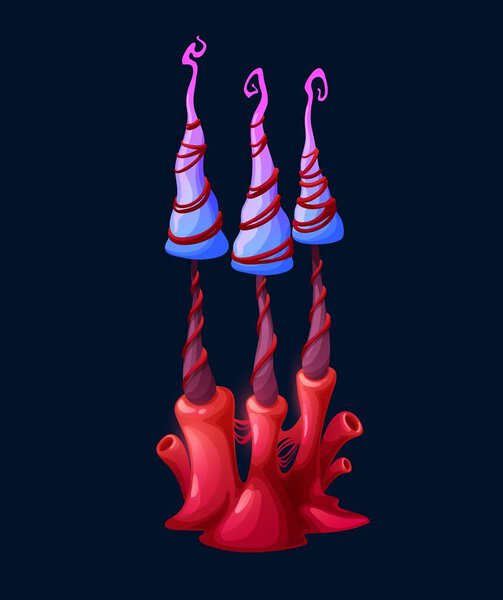 Fantasy magic narrow mushrooms, vector fungi of unusual shape with twisted stipe and curve cap peak. Natural element for fairy tale or computer game interface. Beautiful cartoon strange alien plant