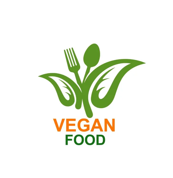 Vegan Τροφίμων Διάνυσμα Εικονίδιο Απομονωμένο Πιρούνι Κουτάλι Και Πράσινα Φύλλα — Διανυσματικό Αρχείο