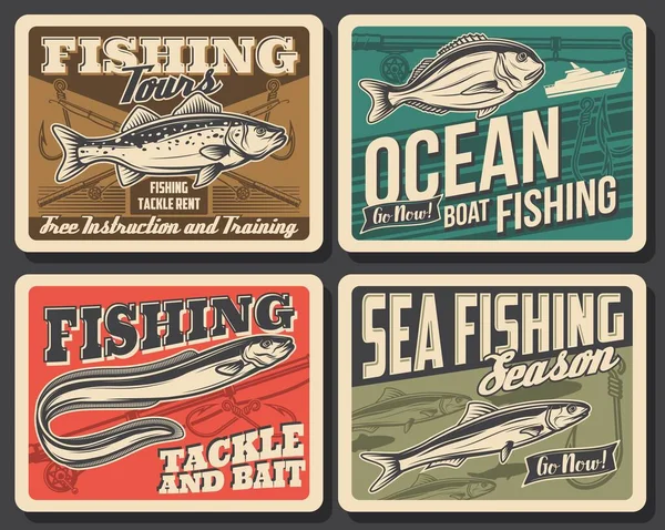 Sea Fishing Boat Fish Fisherman Tackle Vector Design Bass Anchovy — Vettoriale Stock