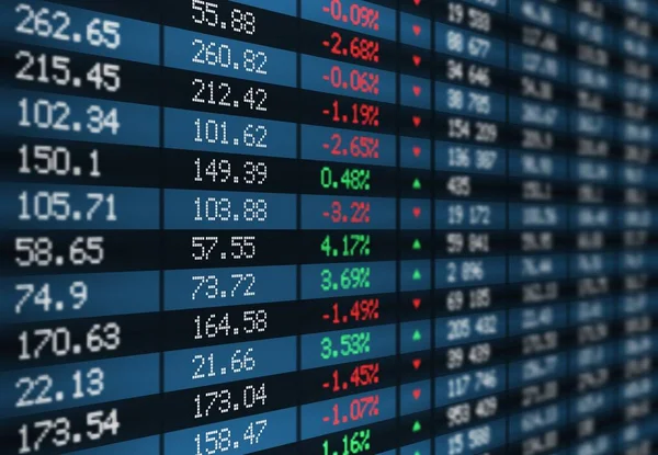 股票交易所矢量显示与金融市场指数图表 股票交易数量 交易价格 变动方向 经济主题等绿色和红色数字的股市票务屏幕 — 图库矢量图片