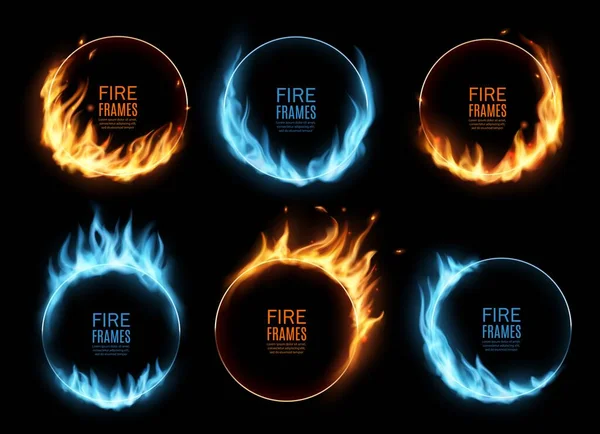 Frames Fire Gas Flames Vector Burning Borders Blue Orange Blaze — Vetor de Stock