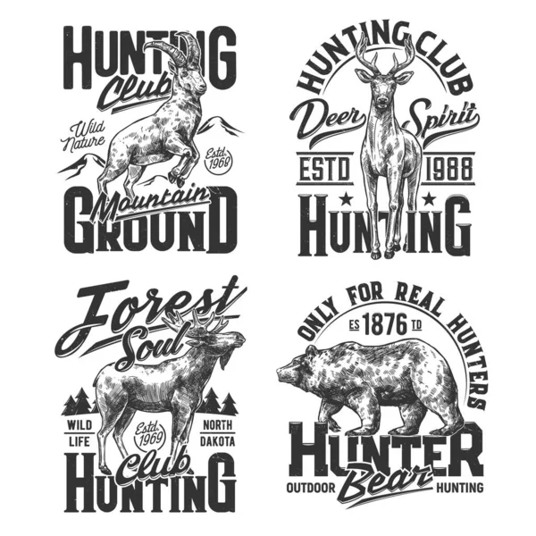 Mountain Goat Deer Elk Grizzly Bear Shirt Sketch Print Forest —  Vetores de Stock