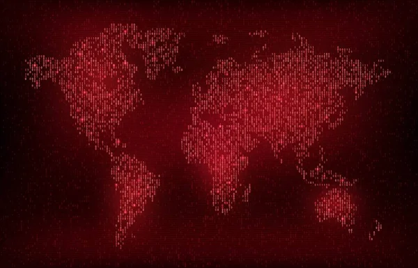 デジタルバイナリコードベクトル世界地図 サイバーデジタルと将来の技術の背景 赤い輝く1と0の数 データストリームパターンを持つ抽象的なネオン大陸を持つ未来的な地球の地球の地図 — ストックベクタ