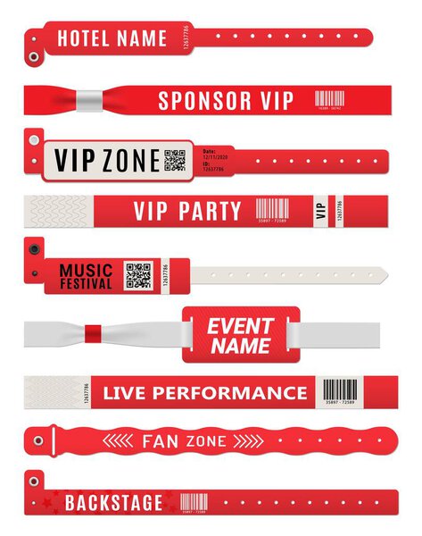 Wristband bracelets, event entrance pass mockup. Plastic tags, bands for arm or security badge vector templates. Music festival, VIP party invitation, live performance fan zone and backstage pass