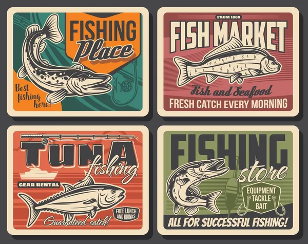 Rybaření Sportovní Retro Plakáty Vektorové Ryby Rybářské Nářadí Rybářské Lodi — Stockový vektor