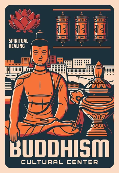 Плакат Культурного Центра Буддизма Медитирующий Будда Дворец Потала Колесо Молитвы — стоковый вектор