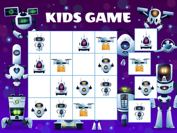 Sudoku Kids Spel Blok Puzzel Met Vector Robots Droid Drones — Stockvector