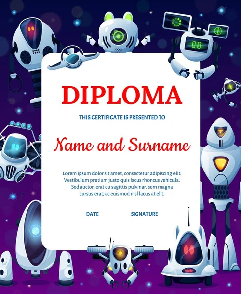 Cartoon Robots Kids Education Diploma Achievement Certificate Vector School Graduation — Vettoriale Stock