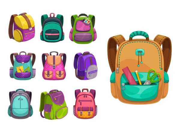 Cartoon Vector Schoolbags Icons Kids School Bags Bright Colors Knapsacks —  Vetores de Stock