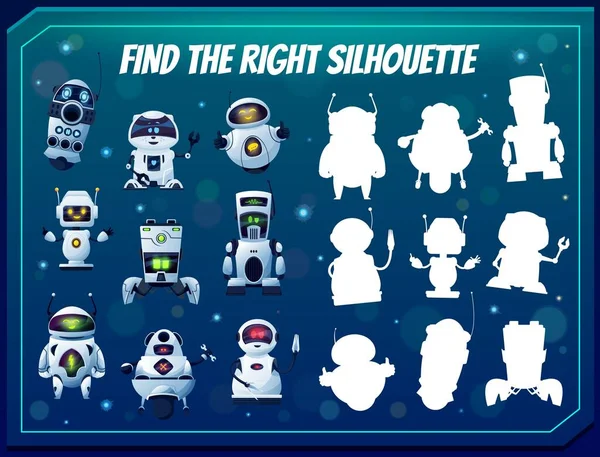 Kids Game Find Right Robot Silhouette Shadow Match Vector Riddle — Vetor de Stock