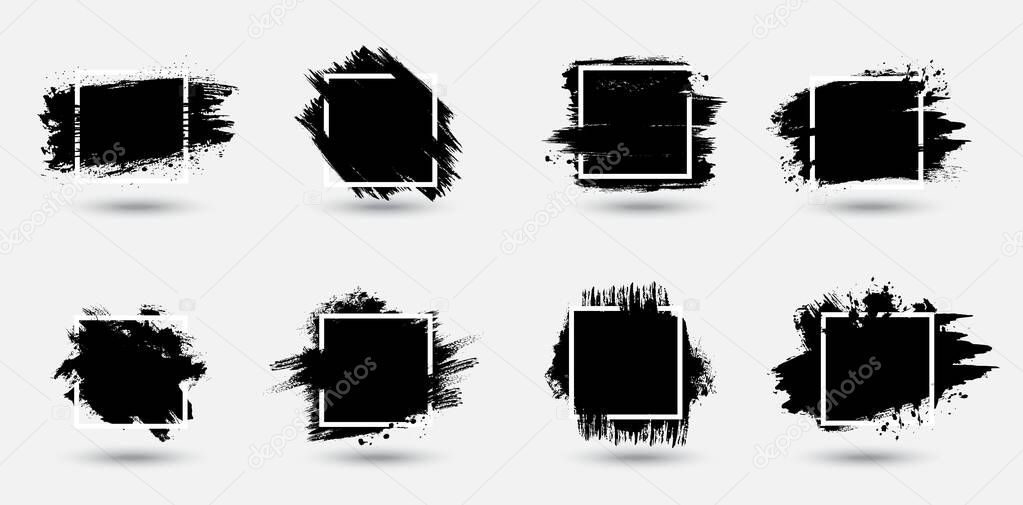 Grunge frames set, paint strokes texture vector backgrounds. Black ink, spatters, brushstrokes and stains, mud smudges, dirty traces and smears. Square grungy frame with dirty, rough sides