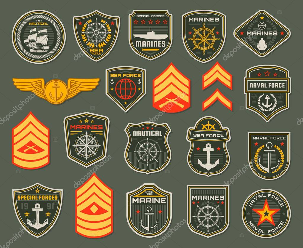 Army naval forces soldier, marines badges and rank shoulder straps. Coastal guard fighter, army elite sea or naurical forces officers chevrons with anchor, submarine and battleship, steering wheel