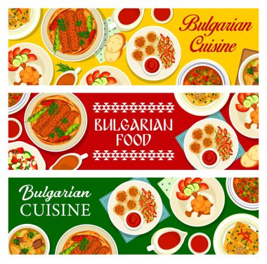 Bulgar mutfak afişleri, Bulgaristan yemekleri ve öğle ve akşam yemekleri, vektör. Bulgar, Balkan ve Doğu Avrupa yemekleri, dünya mutfağı ve özgün ulusal gurme restoran menüsü