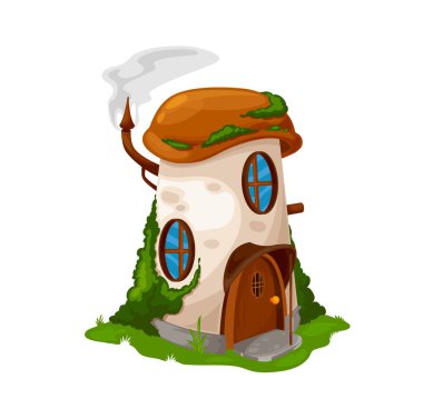 Cüce cücenin peri masalı mantar evi, karikatür vektör elf kulübesi. Peri masalı cücesi ya da orman cücesi evi mantarın içinde, ahşap kapılı barınak evi ve baca dumanı