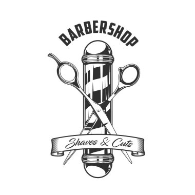Berber dükkanı direği ve makas simgesi, traş ve kesim hizmeti için vektör vintage amblemi. Saç kesimi, saç tıraşı ve sakal traşı. Beyefendiler için eski moda monokrom etiketi. Ya da berber dükkanı.