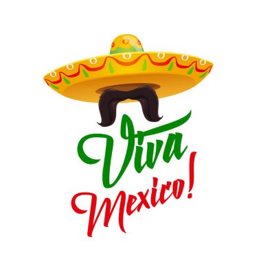 Viva Mexico, bıyıklı sombrero, Meksika bayramını kırmızı ve yeşil bayrak renkleriyle sembolize ediyor. Beyaz arka planda izole edilmiş geleneksel Latin kültür sembolü çizgi filmi. Fiesta parti kutlaması