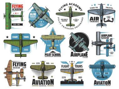 Flight school vector icons. Vintage plane flying in sky, airplane aviation school and commercial pilot flight training program, airplane show, educational courses, aviators and fliers academy labels clipart