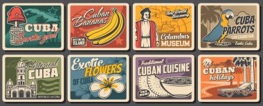 Küba seyahati, yemek, doğa ve kültür vektör tasarımı. Havana plaj palmiyeleri, Karayip Denizi ve tropikal papağan, Küba bayrağı ve haritası, Havana Capitol, mariposa, özgürlük şapkası ve muz