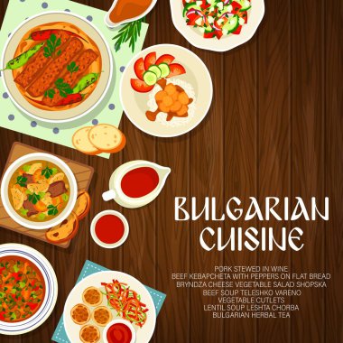 Bulgar mutfağı menü kapağı, Bulgaristan gıda yemekleri ve yemekleri, vektör. Geleneksel Bulgar yemek menüsü ulusal otantik yemekler, sığır eti ve mercimek çorbası, salata, kebabcheta ve domuz güveci ile kaplanmıştır.