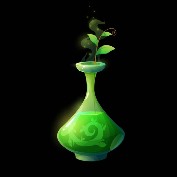 Dryckesflaska Med Grön Groddar Vektorn Glasflaska Med Magiskt Elixir Och — Stock vektor