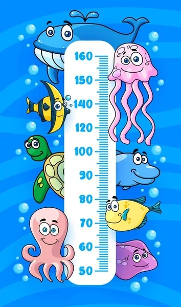 子供の身長表 水中の漫画海の動物 かわいいタコ 笑顔のクラゲと幸せなウミガメ イルカとブルークジラ 海魚のキャラクターと成長メートル — ストックベクタ