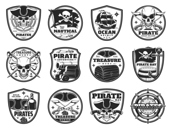 Pirataria Piratas Ícones Heráldicos Vetor Jolly Roger Crânios Esqueleto Cabeças — Vetor de Stock