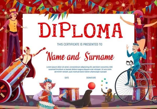 Diploma Bambini Con Shapito Circus Stage Performer Background Vettoriale Diploma — Vettoriale Stock