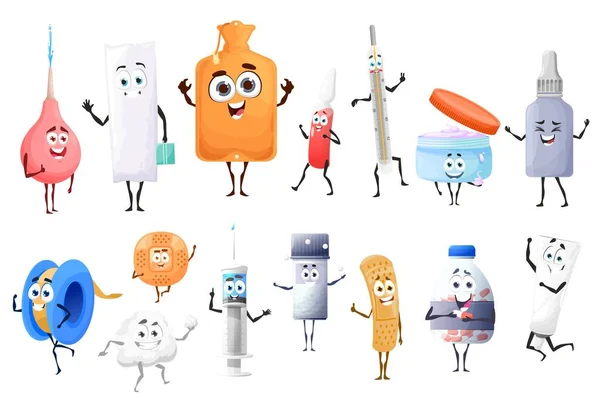 Pílulas Desenhos Animados Drogas Personagens Medicamentos Vetor Mascotes Medicina Bonito — Vetor de Stock