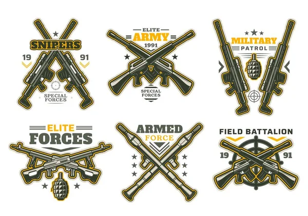 Vojenské Vojenské Heraldické Ikony Izolovanými Vektorovými Zbraněmi Zbraňovými Cíli Speciální — Stockový vektor