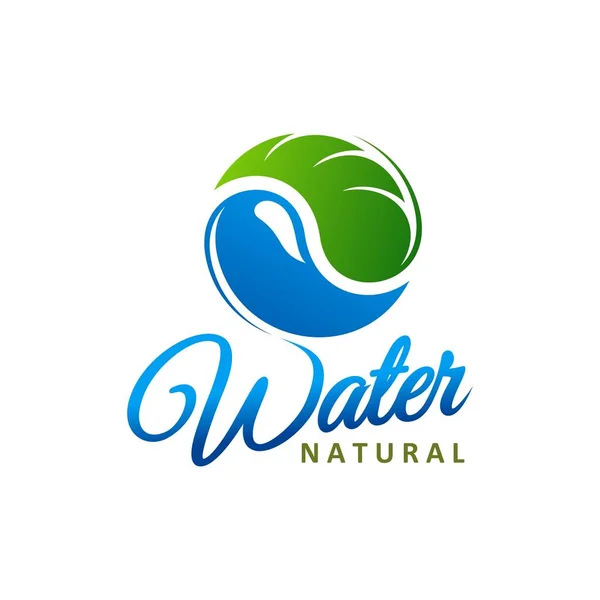 Natürliches Wasser Blauer Tropfen Mit Grünem Blattsymbol Und Schriftzug Umwelt — Stockvektor