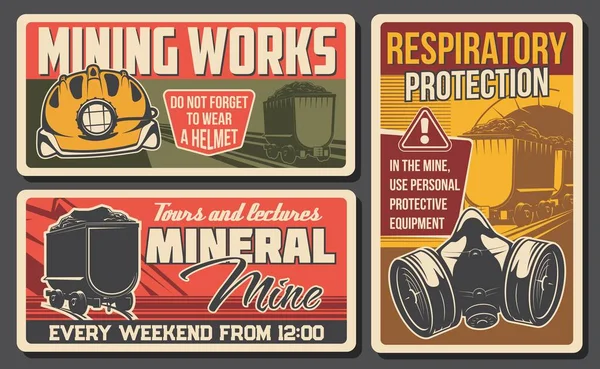 Kolen Mijnbouw Retro Banners Met Vector Ondergrondse Mijn Put Tunnel — Stockvector