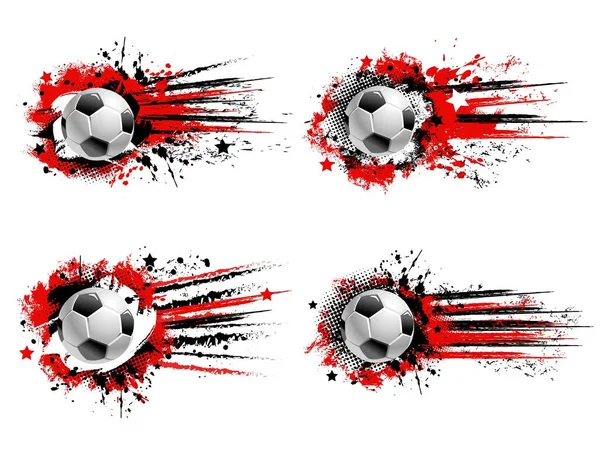 サッカーのスポーツグランジバナー フライングサッカーボール 赤と黒の塗料のスプラッシュ ドロップとトレース ハーフトーンと星とグランジーの背景 ペイントSmudgesとチームスポーツトーナメントバナー — ストックベクタ