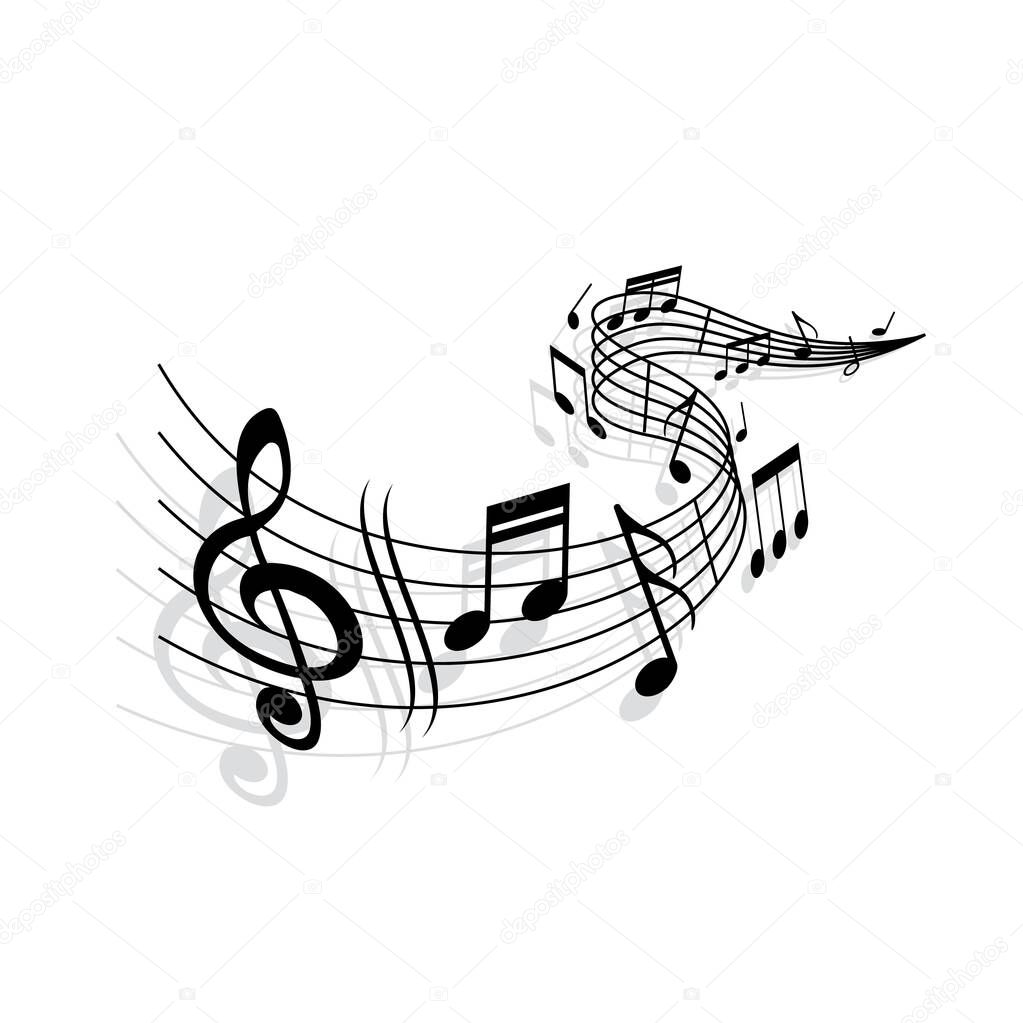 Music wave, vector musical notes and treble clef signs on curvy stave. Monochrome melody swirl for jazz club, folk fest, classical opera concert or orchestra performance isolated on white background