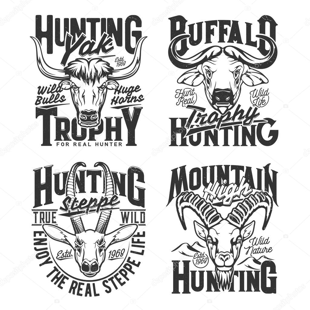 Yak, Cape buffalo and gazelle, goat hunting t-shirt print sketch vector template. Steppe, savanna and mountain big horned animals trophy hunting apparel custom prints with african fauna and typography