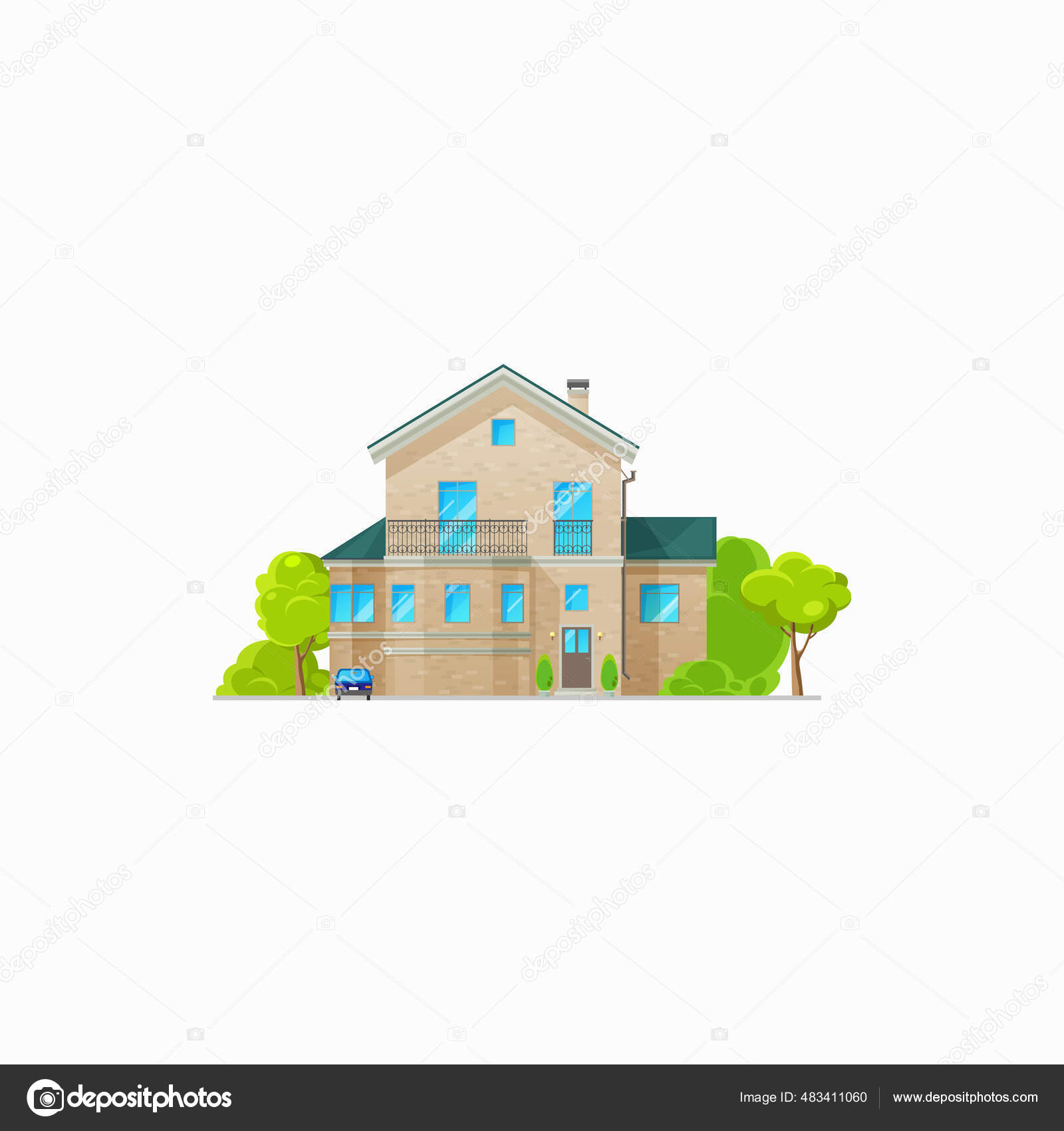 带有阳台和窗户的现代房屋隔离了别墅图标以出租或出售为基础的矢量房地产建筑别墅式乡村住宅当代农村建筑现代住宅立面, image size:1600x1700