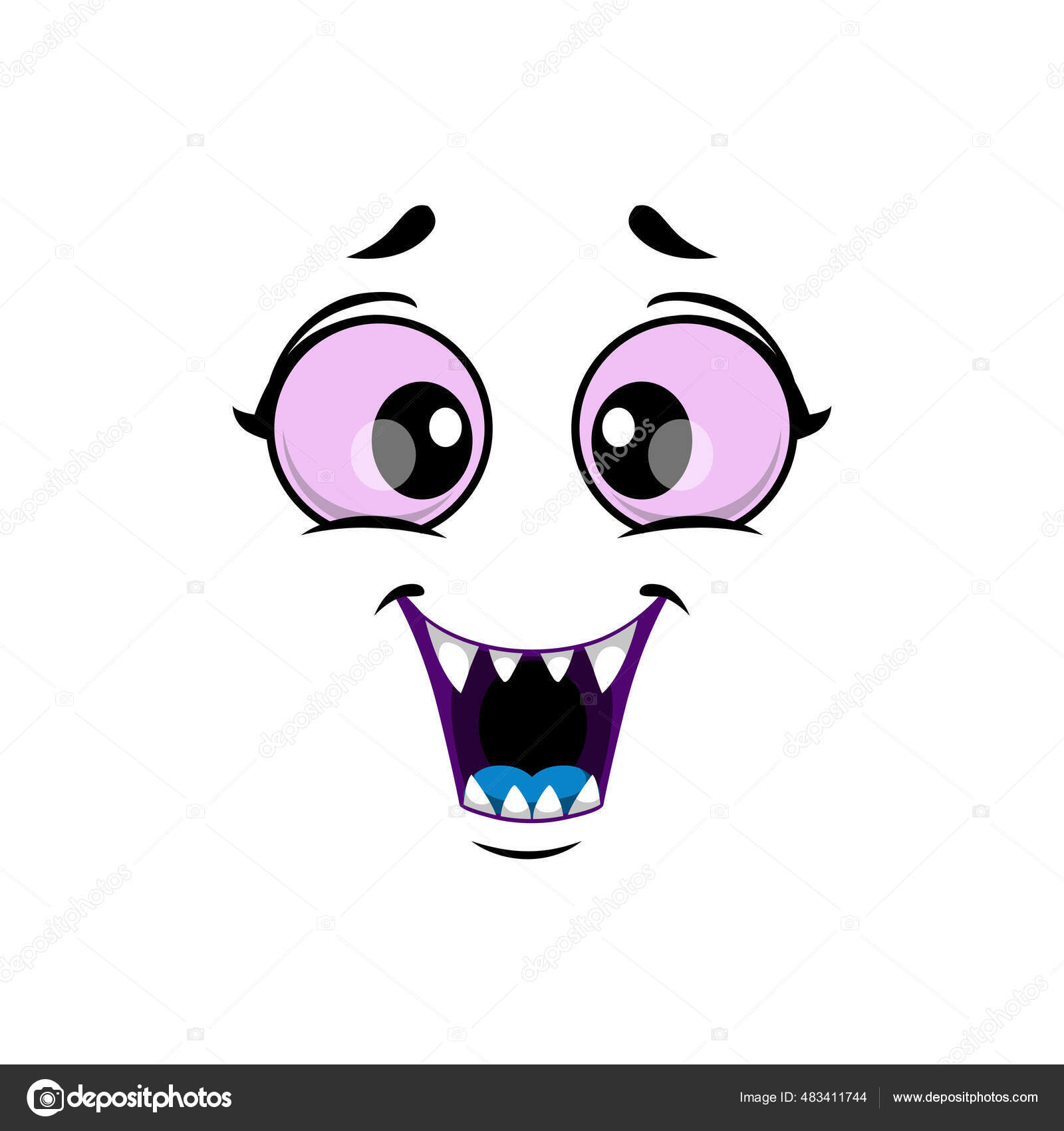 Loudly screaming emoji face, shocked emoticon in bad mood isolated scared  face expression. Vector frightened horror face expression crazy screaming  emoticon, shouting smiley with wide open mouth Stock Vector