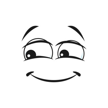 Neşeli komedyen, izole edilmiş geniş, ince gülüşlü, güler yüzlü. Mutlu, kendine güvenen, büyük gözlü, mutlu emojili bir vektör. İyi kalpli yüz ifadesi, mutluluk ve zevk jesti.