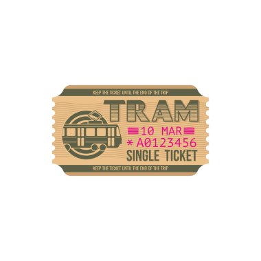 Şehir tramvayına tek kişilik bilet. Şehir taşıma vagonunda vektör numaralı yolcu kartı. Şehir Taşımacılık Departmanı 'nın seyahat biletiyle kalkış tarihi