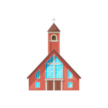Katolik kilisesi vektör ikonu oluşturuyor. Katedral, kilise ve manastır cephesi kırmızı tuğla ve kulede haç. Ortaçağ kilisesinin dış görünüşü, Hıristiyan dini mimarisi karikatür sembolü