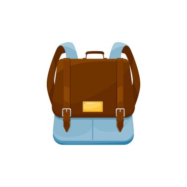 Çocuklar okul çantası izole edilmiş vektör ikonu, çizgi film sırt çantası ya da kemerli sırt çantası ve mavi ve kahverengi renkli ağ. Beyaz arkaplanda öğrenci sırt çantası ya da okul çantası
