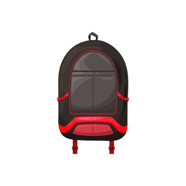 Çocuklar okul çantası izole edilmiş vektör ikonu, kırmızı dekoratif elementlerle siyah renkli çizgi film çantası. Beyaz arka planda öğrenci ya da yürüyüş çantası, turistik sırt çantası ya da okul çantası