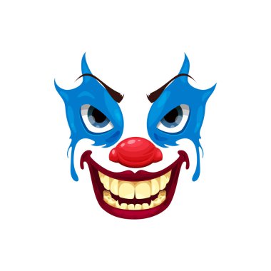 Korkunç palyaço yüzü vektör ikonu, Cadılar Bayramı eğlence karakteri. Makyajlı duygusal maske, kırmızı burun, kızgın gözler keskin dişli ürpertici gülümseme, izole edilmiş korku yaratığı emojisi.