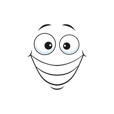 Gülümseyen gülümseme dişlerini gösteriyor, gülen yüz ve geniş gülümseme izole edilmiş ikon. Büyük gözlü gülen emoji, sosyal ağ konuşma unsuru, sohbet robotu avatarı. Kocaman dişlek gülüşlü nazik bir ifade.