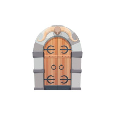 Ortaçağ karikatür kapısı ya da kemer şeklinde sahte elementlerle izole edilmiş bir peri masalı girişi. Vektör yayı kaleden ya da kuleden giriyor. Kapı kolları halkalı. Ahşap ve taştan yapılmış geçmişe dönük kapı