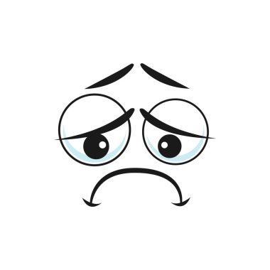 Üzgün üzgün duygu simgesi karakteri emoji izole edilmiş ikon. Canı sıkılan vektör, üzgün, koca gözlü gülümseme ile aşağıya bakıyordu. Mutsuz emoji gücenmiş keder ifadesi, üzüntü, yas ve keder ile