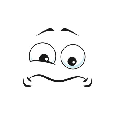 Kıvrımlı gülüşlü mutsuz üzgün emoji yüz ifadesi ikonu. Gücenmiş üzgün kafayla gücenmiş ifade vektörü. Sıkılmış, tedirgin, iri gözlü, depresif, keyifsiz bir tip.